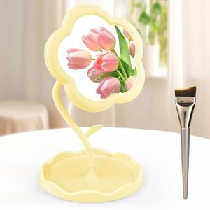 Yellow Desk Vanity Mirror Flower Compact Adjustable Desk Mirror Office Cubicle with Jewelry Tray & Foundation Brush, Cute Makeup Mirror with Standing, Home Decor for Bedroom Living Room Dormitory