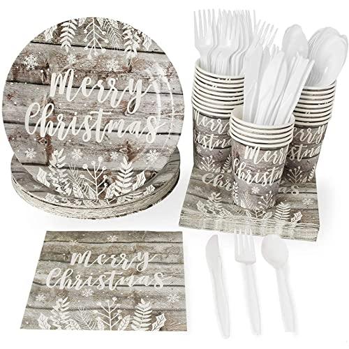 Sustainable Greetings Juvale 144 Piece Merry Christmas Party Plates, Napkins, Cups, Cutlery, Wood Plank Design Dinnerware (Serves 24) - Dinnerware Set - Christmas Plates And Napkins