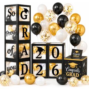 2026 Graduation Decorations Set 4 PCS Black Boxes with Letters GRAD, 30 Balloons, Congrats Grad Card Box for High School College Graduation Party Supplies (Black-Graduation)