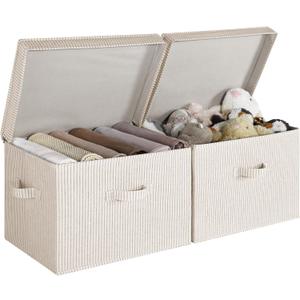 StorageWorks Fabric Storage Bins with Lid, Decorative Storage Boxes for Shelves, Stackable Closet Organizer Basket with Handles, Jumbo, Khaki and Beige Stripes, 2-Pack