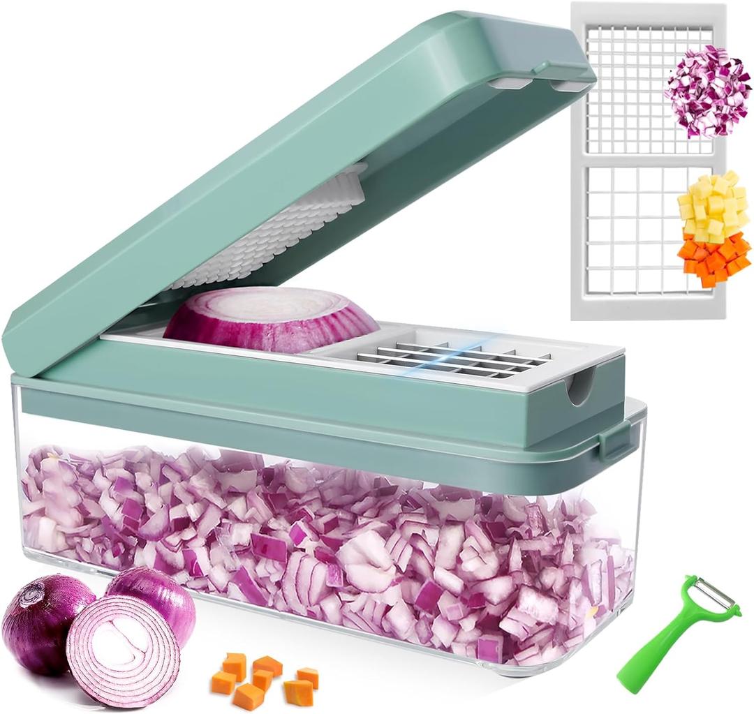 Vegetable Chopper, Onion Dicer, Mandoline Slicer, Food Chopper with Container, Vegetable Cutter for Salad Potato Carrot Garlic2 Blades, Blue White