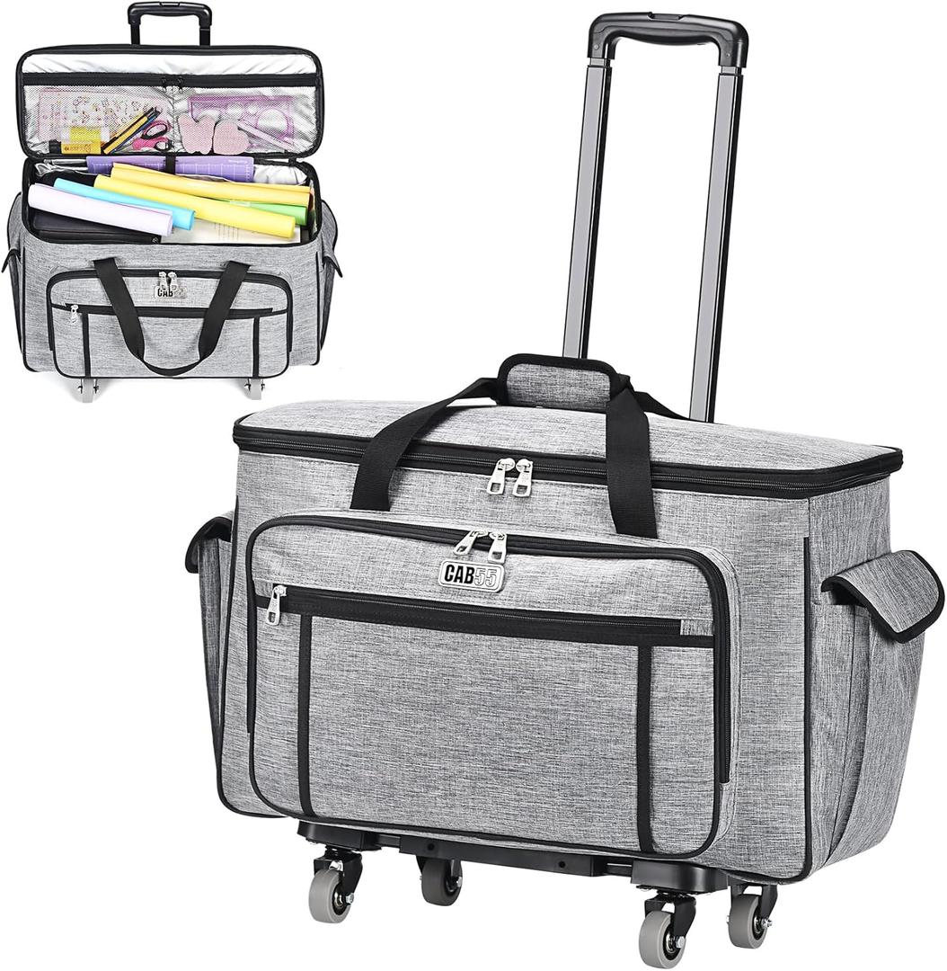 CAB55 Rolling Carrying Case for Cricut Maker 3/Maker 4/Maker/Explore 4/Explore 3/Explore Air 2, Double-Layer Storage Bag with 4 Wheels & Mat Pocket for Cricut Cutting Machine, Accessories & Tools