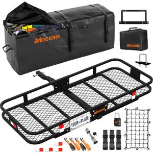 Mockins 60"x20"x6" Heavy Duty Trailer Hitch Cargo Carrier w/License Plate Holder & 16 Cu.Ft. Waterproof Cargo Bag for Hitch Carrier | All-Weather 500 Lbs Cap Folding Luggage Rack for SUV Car & Truck