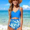 BAVADER Girls Swimsuit Cutout One-Piece Bathing Suit V-Neck Swimsuits for Teens Cute Swimwear with Drawstring Cover Up 10-12Y (Blue)