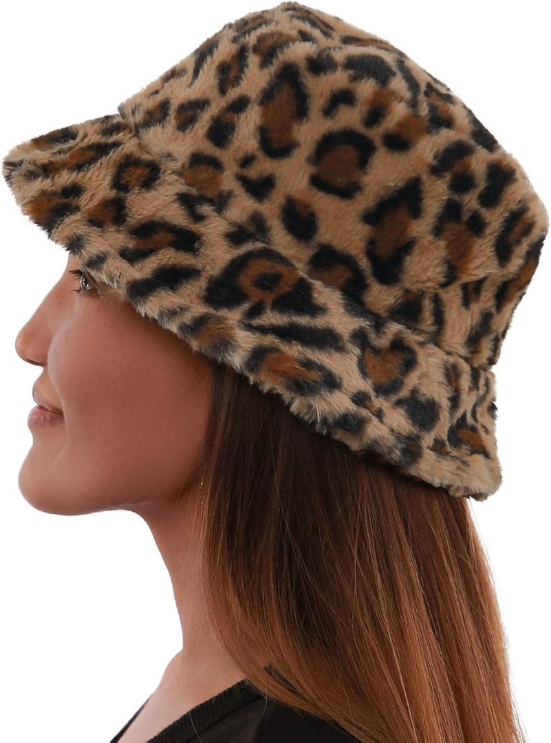 Bucket Hats Fuzzy Sheep Print Women Men Plush Cap Warm Soft Fisherman Hat Adjustable Winter Spring (6 3/4-7 1/4, Brown Leopard)
