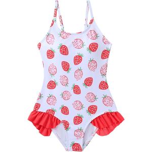 Girls One Piece Swimsuit Cute Straberry Print Bathing Suit Ruffle Quick Dry Swimwear Red 13-14 Years