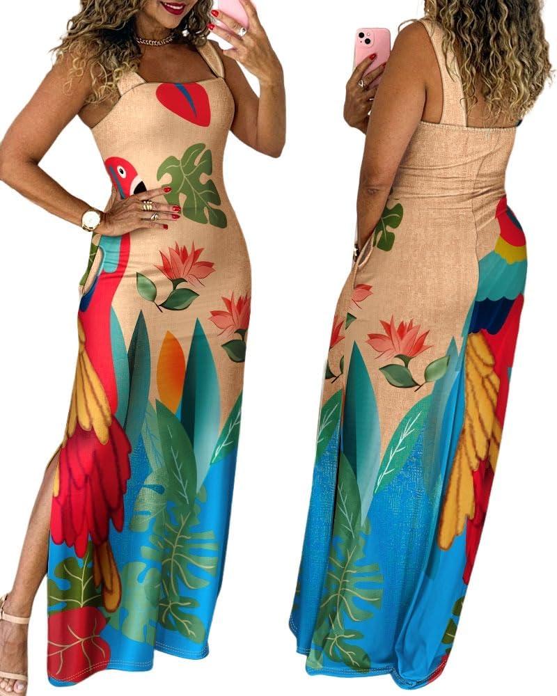 CHICME Women's Summer Maxi Dress Casual Thick Strap Square Neck Boho Sundress Split Vacation Dresses with Pockets (L)
