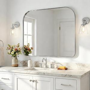 ANDY STAR 36x30 Polished Chrome Bathroom Vanity Mirror, Asymmetrical Soft Arch Rectangle Wall Mirror, Rust-Resistant Slim Stainless Steel Frame, Sleek 1-Inch Depth, Modern for Bathroom, Living Room