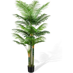CyanGrove 6ft Tall Golden Cane Artificial Tree Palm Outdoor, Large Artificial Plants Outdoor Faux Palm Tree with 3 Textured Trunks, Fake Tree for Indoor Outdoor Office Living Room Outside Patio