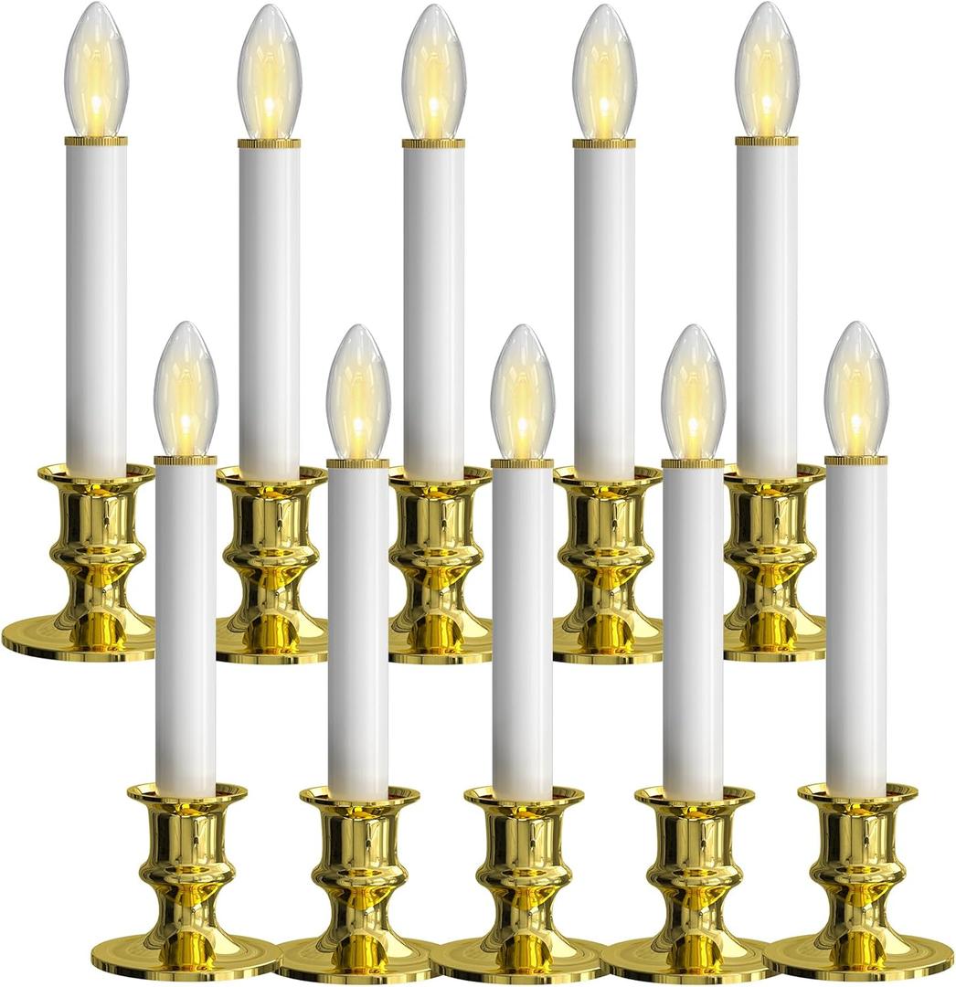 SUNSGNE Battery Operated Window Candles, Flameless Window Candles for Holiday Home Table Christmas Decor, C26 3V LED Bulbs, 10 Pack, Gold Base