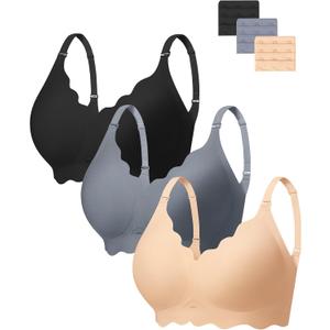 Angelhood Seamless Bras Women Soft Jelly Push Up Wireless Bra Supportive V Neck No Underwire Comfort Tshirt Bralettes (Medium, Black/Blue/Nude)