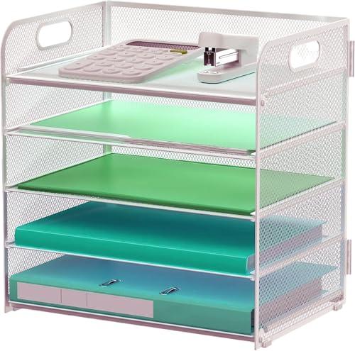 Letter Tray Paper Organizer 5-Tier Desk Organizer File Organizer Paper Holder with Handle, Metal Desktop Document Shelf Tray Office Classroom Organization - Silver