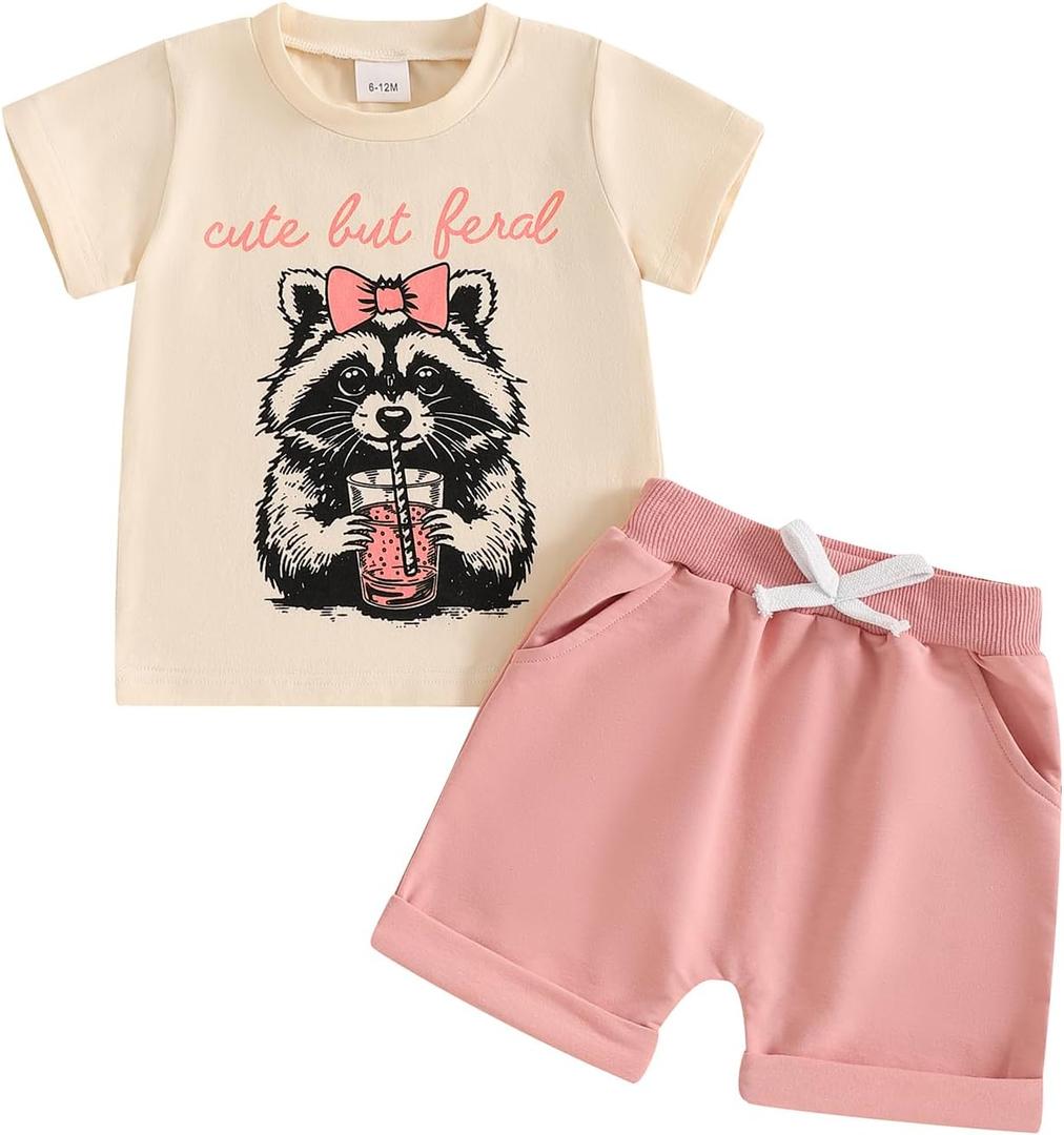 Sejardin Baby Girl Summer Outfit Infant Letter Print Short Sleeve T Shirt Tops and Stretch Shorts 6 12 18 24M 2T Girl Clothes (Beige)