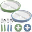 2 Pack 8" Large Porcelain Toddler Plates Feeding Set, Ceramic Kids Suction Plates with Anti Slip Silicone Sleeve for Baby 3 Spoons and Forks Divided Kids (Blue,Green)