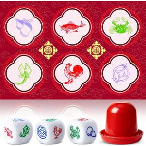 BAU Cua Ca Cop Game Set, Vietnamese Lunar New Year Dice Game with Mat, 3 BAU Cua Dice and Shaker Cup, Fish Crab Prawn Game for Holiday Parties and Cultural Celebrations