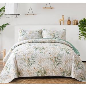 Floral Quilt Queen Size,Green Botanical Queen Quilt 3 Pieces,Reversible Soft Bedspread Queen Size for All-Season(96"x90")