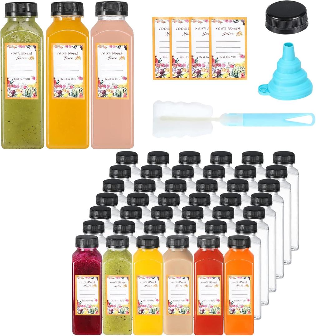 Dabacc Juice Bottles, 45Pcs 12oz Plastic Juice Bottles with Caps Airtight Reusable Clear Empty Water Containers Includes Label Funnel Brush for Juicing Drinking Beverage Smoothies Fridge12oz