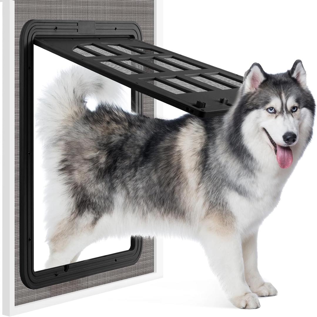 Dog Screen Door, 13 x 17 inches Large Pet Screen Door, Flap Opening Dog Door for Screen Door with 4 Entry Ways, Magnetic Self-Closing Screen Door for Dogs Cats, Black