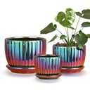 Ton Sin Flower Pots, Purple Ceramic Plant Pots Set of 3,Small Glazed Succulent Pots with Drainage Hole,Cactus Planter with Saucer,Outdoor Garden Pots (Colorful Gold)