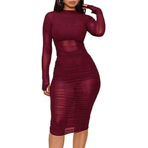 LYANER Women's Mesh Dress Long Sleeve Bodycon 3 Piece Outfits with Cami Shorts Wine Red XX-Large