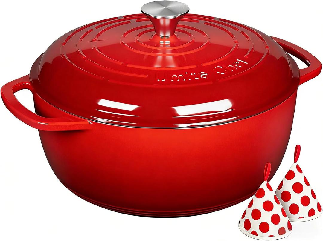 Umite Chef 6QT Enameled Cast Iron Dutch Oven with Lid, Versatile Heavy-Duty Cookware Pot for Baking Bread, Braising, Soups & Stews, Oven & Stovetop Safe with Heat Resistant Gloves Red