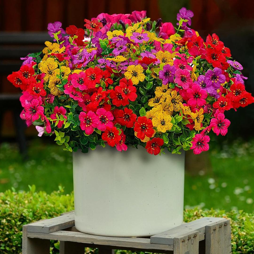 12 Pcs Artificial Flowers for Outdoors, Fake Outdoor Plastic Flowers for Outdoors UV Resistant, Fake Plants Artificial Plants Outdoor Plastic Plants, Silk Faux Spring Flowers for Outside (Bright Mixed Color)
