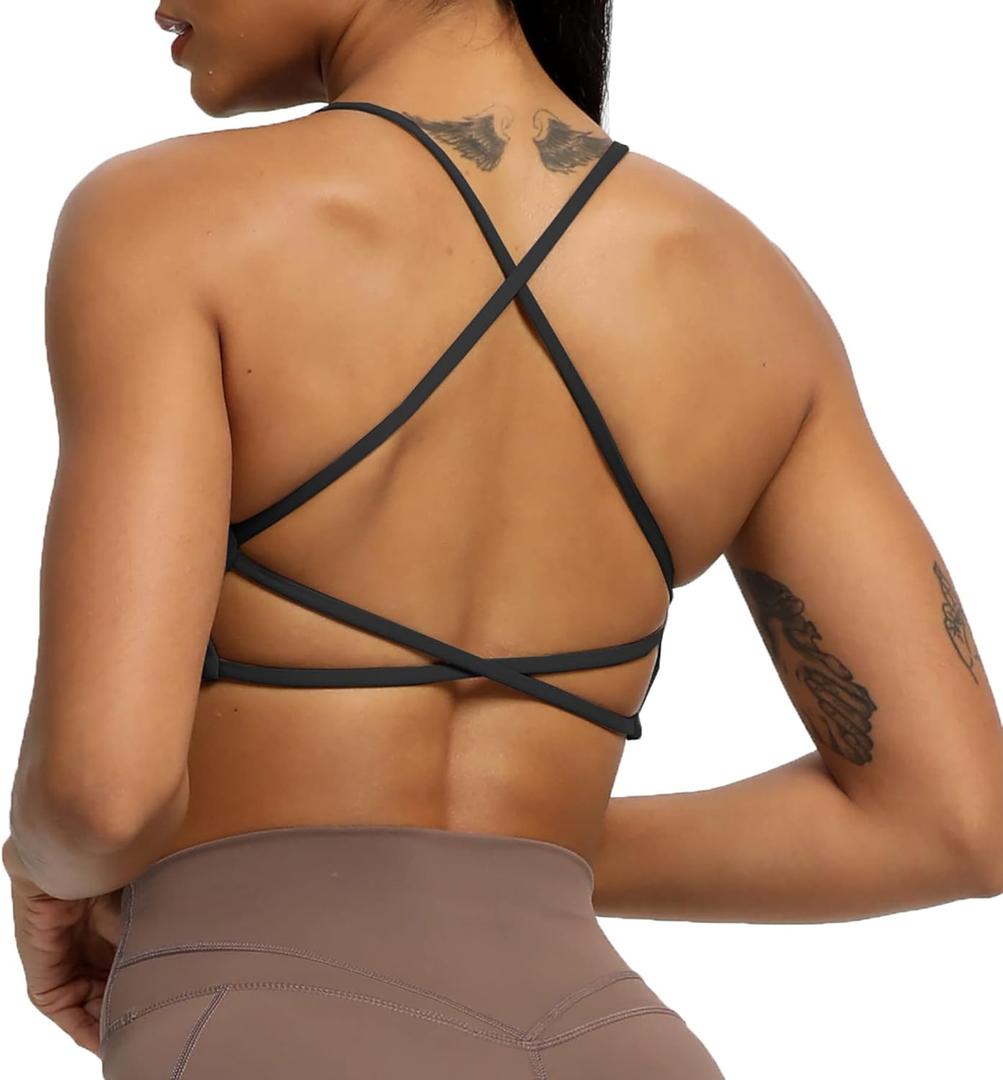 Aoxjox Women's Workout Sports Bras Fitness Backless Padded Ivy Low Impact Bra Yoga Crop Tank Top (Large, Black)