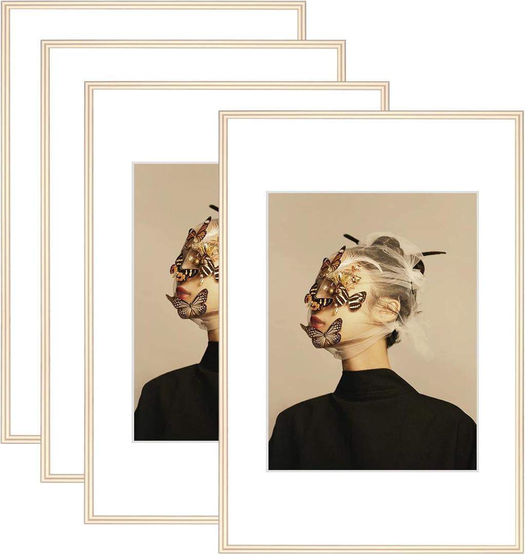 8x12 Picture Frame Set of 4, Matted Brass Simple Modern Brushed Thin Aluminum Metal Photo Frame Fits 6x8 with Mat or 8 x 12 without Mat Vertical and Horizontal for Tabletop and Wall Mounting