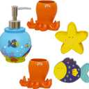 Decorative Bathroom Accessories Set, Vanity Organizers Including 2 Octopus Tumblers, 1 Clownfish Soap Dish, 1 Starfish Toothrush Holder and 1 Ocean Soap Dispenser