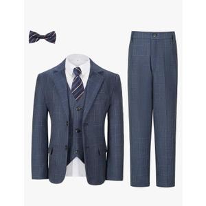 Boys Formal Suit Set Kids Toddler Tuxedo Slim Fit Plaid Suits for Teenage Boys 5-Piece Wedding Party Outfit Size Boys Toddler 5T