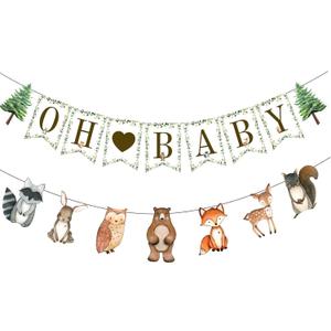 Woodland Oh Baby Banner for Baby Shower Decorations Forest Theme Birthday Party Supplies Woodland Animal Baby Show Party Decorations