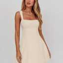 DAAWENXI Women's Casual Square Neck Sleeveless Tank Top Flare Mini Dress A Line Party Club Dresses (Beige)