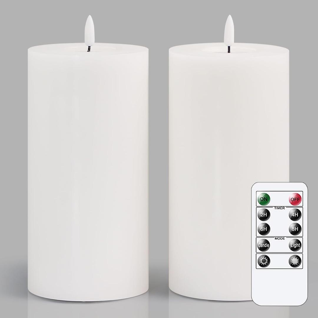 Flameless Flickering 4" x8" Real Wax White Remote Candles with Candle Grease, Pack of 2 Timer LED Battery Operated Fake Warm Light Pillar Candles for Home, Banquet, Ceremony Decoration