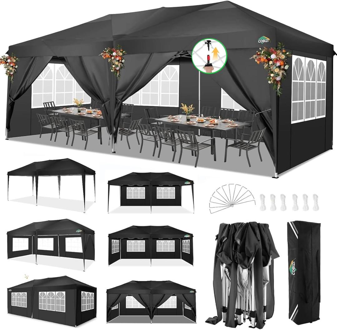 COBIZI Canopy 10x20 Pop Up Canopy with 6 Sidewalls,Waterproof Canopy Outdoor Event Shelter UPF 50+ Gazebo Portable Tents for Parties Beach Camping Wedding Commercial Instant Canopy (Black)