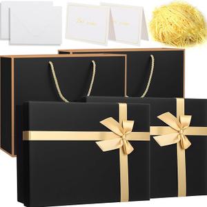 AmazingSpark 2 Sets Gift Box 11.4x8.6x4.1 Inches, Large Black Gift Boxes for Presents with Gift Bag, Ribbons, Card, Shredded Paper Filler, for Wedding, Birthdays, Mother's Day Gift Packaging
