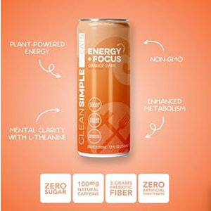 Clean Simple Eats Clear Protein + Energy Drink, 20G Grass Fed Whey Protein Isolate, 100MG Natural Caffeine, L Theanine & Cognatiq, No Artificial Ingredients, Orange Swirl Flavor, 16 Oz Cans, 11 Pk BB 07 30 2025
