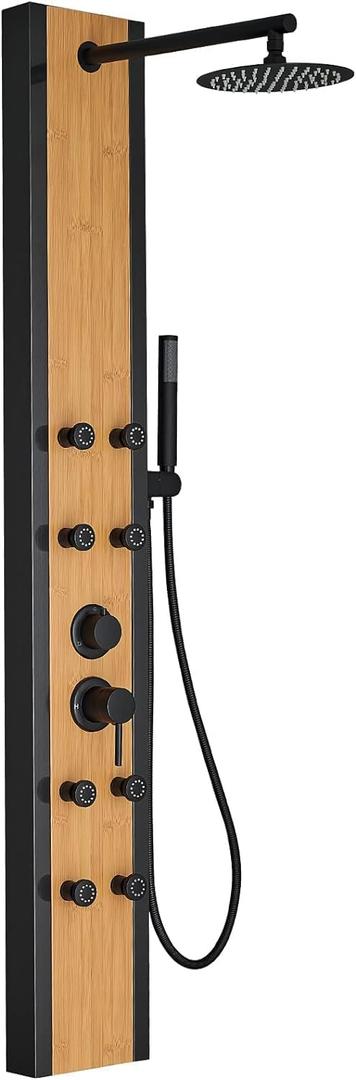Rainfall Shower Panel Shower Tower System Bamboo Wood and Stainless Steel with 8 Body Jets Massage and Adjustable Round Shower Head Handheld Wand Shower Column Wall Mount