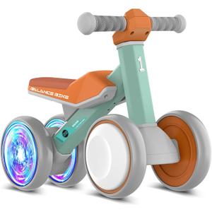 Colorful Lighting Baby Balance Bike Toys for 1 Year Old Boys Girls Gifts, Toddler First Bike 12-24 Months with Adjustable Soft Seat, 4 Silent Wheels Ride on Toy, Perfect First Birthday Gifts (Green)