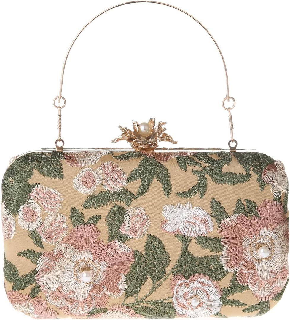Womens Vintage Floral Embroidery Clutch Evening Handbag Shoulder Bags Purse for Wedding Party Prom (Green)