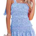 chouyatou Women's Summer Floral Spaghetti Strap Square Neck Ruffle Tie Mini Smocked Dress (X-Large, Light Blue)
