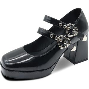 Women's Square Closed Toe Platform Chunky Strappy Block Heels Goth Mary Janes Shoes
