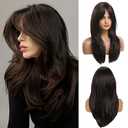 20 Inches Long Straight Dark Brown Layered Synthetic Hair Wigs with Bangs for Women Daily Party Use