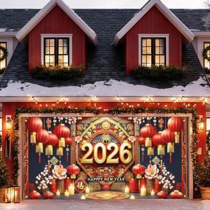 13x6ft 2026 Chinese New Years Garage Door Banner Lunar New Year Lantern Backdrop Happy News Year Garage Door Cover Decoration for Festival Party Indoor Outdoor House Wall Background Decor