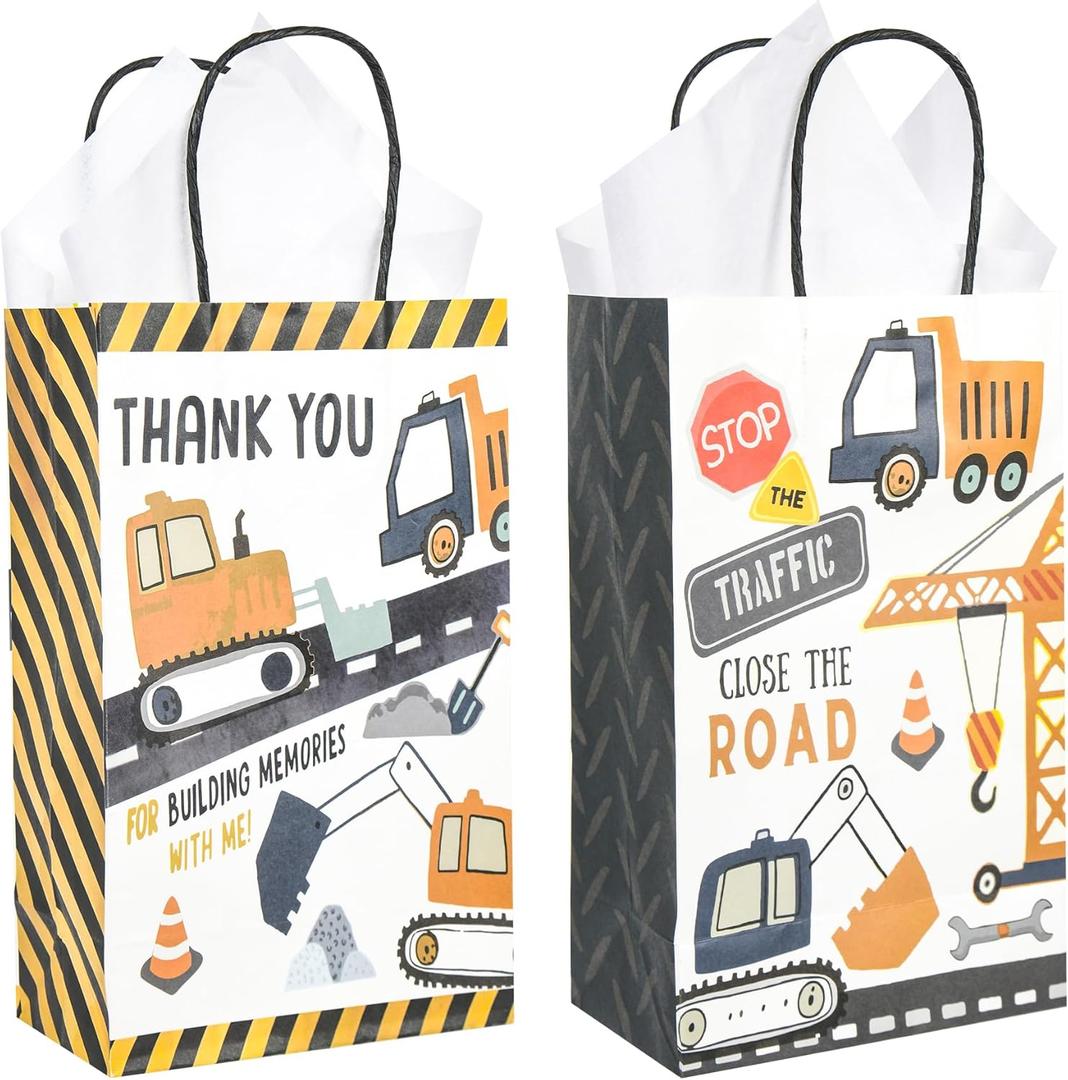 DjinnGlory 36 Pack Construction Themed Party Favor Goodie Bags with Handles (Yellow, Black) and 36 White Tissue Paper for Boys Birthday Parties, 9x5.5x3.15 Inch