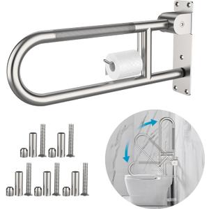 Toilet Grab Bar 22.4 Inch, Munzong Anti-Slip Handicap Grab Bars with Paper Holder, Flip-Up Bathroom Toilet Safety Rails, Stainless Steel Knurled Support handrails for Seniors Elderly Disabled Pregnant (Satin Nickel)
