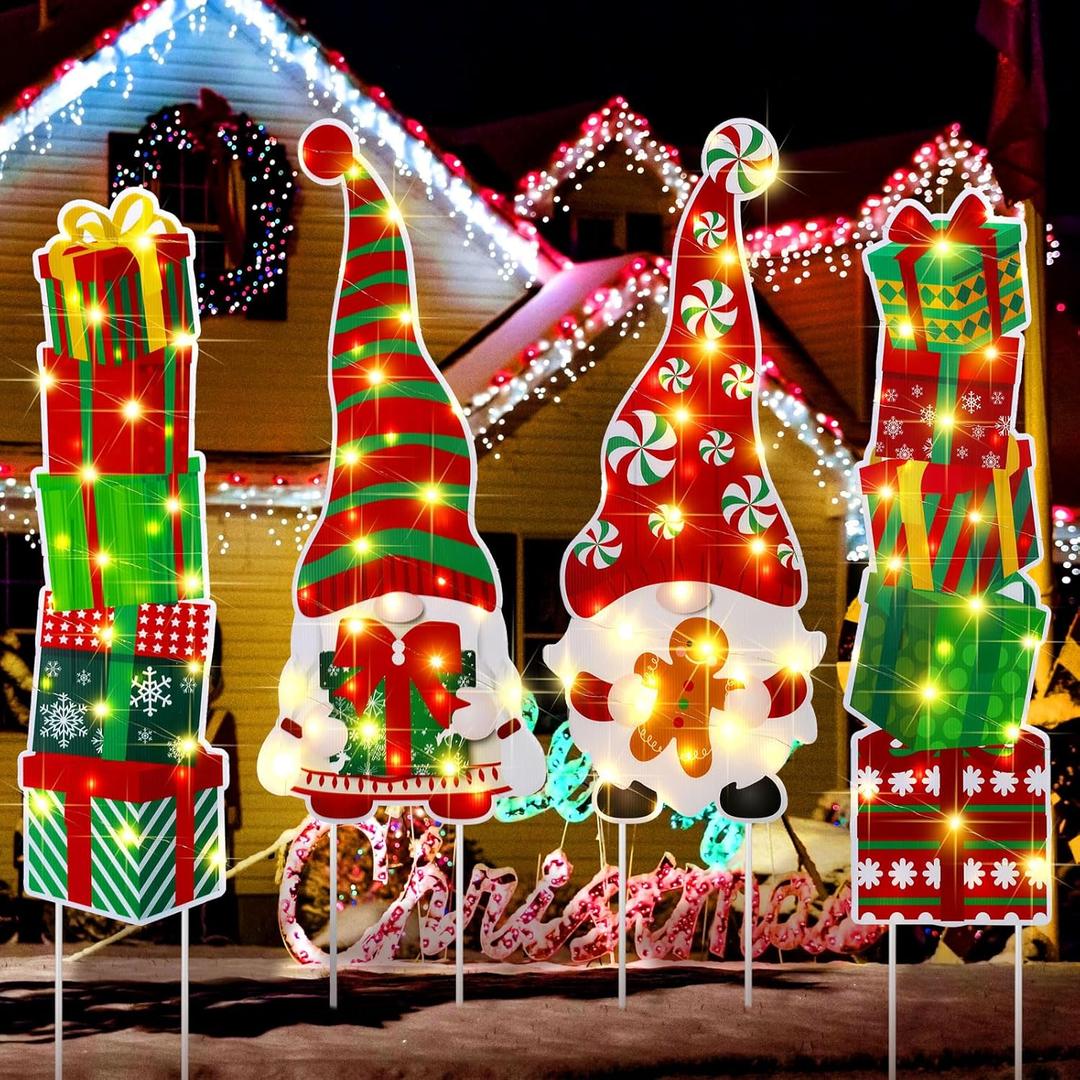 Bencailor 4Pcs Christmas Outdoor Yard Decorations Christmas Yard Signs with Stakes Xmas Gnome Nutcracker Decoration with LED Light for Outdoor Lawn Garden Decoration Party Favor Supplies(Gnome)