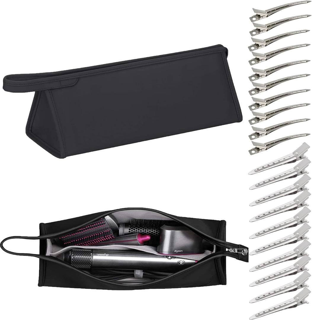 Pu Leather Travel Case Compatible with Dyson Airwrap Styler/Shark Flexstyle, Portable Carrying Case for Dyson Supersonic Hair Dryer, Shockproof Protection Organizer Bag Travel Storage Bag, Black