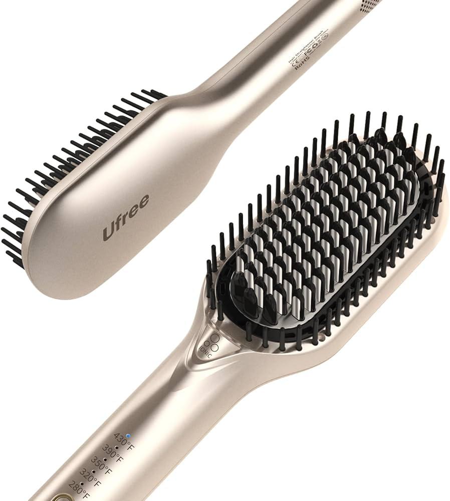 Ufree Upgraded Hair Straightener Brush, 5 Temps Straightening Brush with Ionic Tech, Cool Air System, Dense Bristles, Dual Voltage, Ceramic Hot Comb, Women Gifts