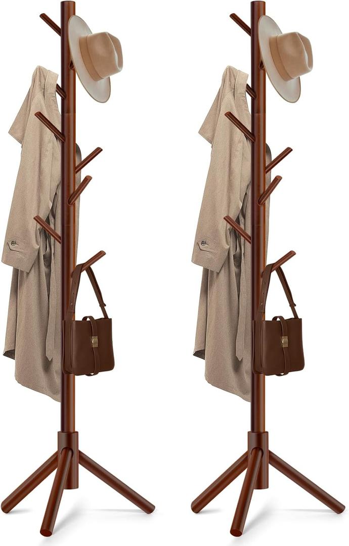 2PCS Solid Wooden Coat Rack Freestanding, New Zealand Pine Coat Tree with 8 Hooks & 3 Adjustable Sizes for Coats, Hats, Handbags and Scarves, Space Saving for Entryway/Office/Bedroom (Brown)