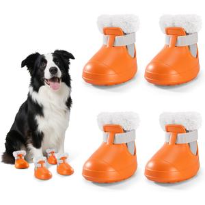 Dog Shoes for Small Medium Large Dogs,Winter Dog Snow Boots & Paw Protectors Waterproof for Cold Weather & Hard Floors,Adjustable Anti-Slip Dog Booties with Removable Wool Liner (Orange, 6)